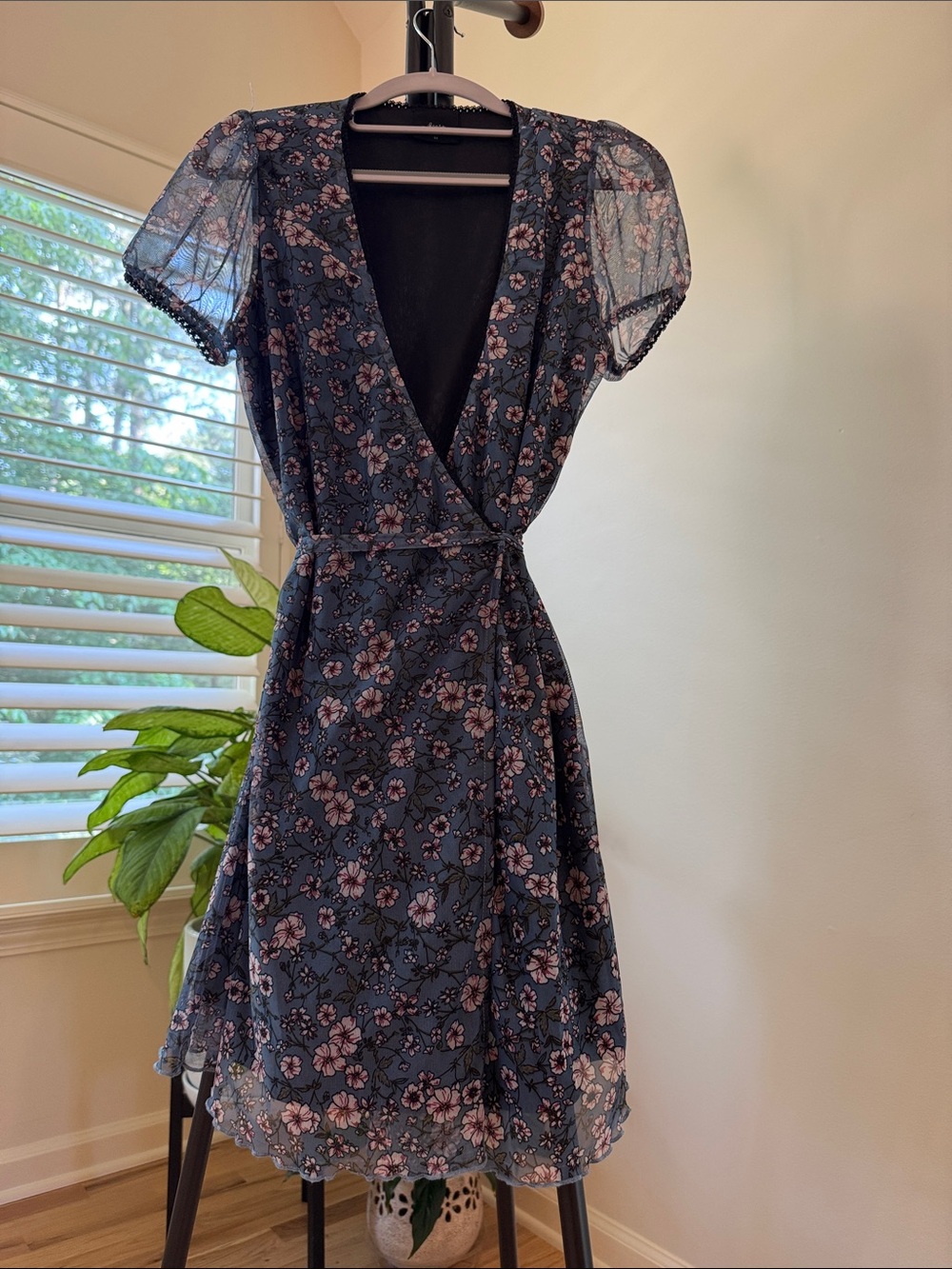 Navy Floral Wrap Dress with Puff Sleeves